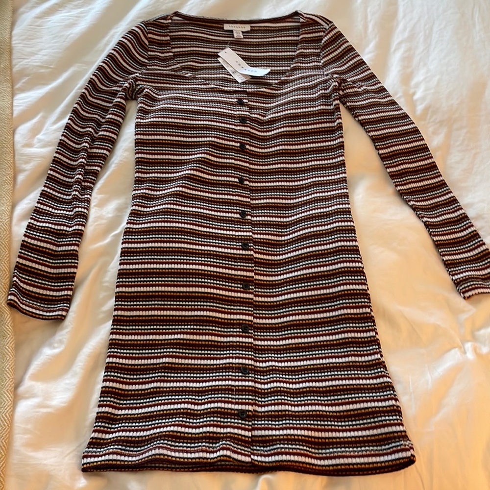 Long Sleeve Striped Button Mini Dress - Size 6